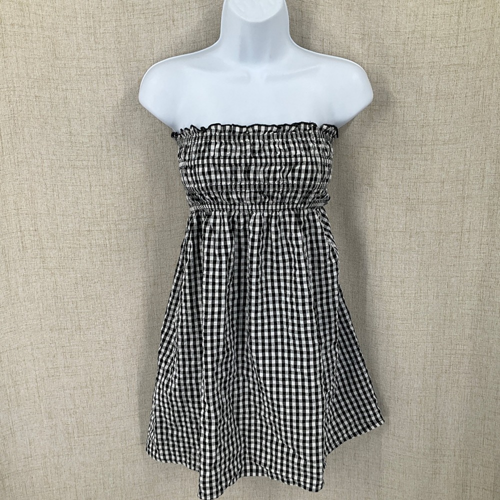 Free People Top Women XS Black Gingham Boho Smocked Strapless Ruffle Y2K Cottage